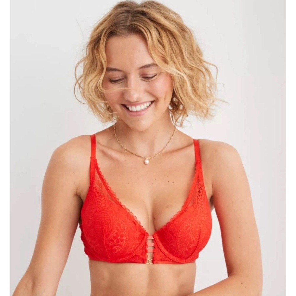 AERIE REAL POWER PLUNGE PUSH UP PAISLEY LACE BRA RED SIZE 32B NWT